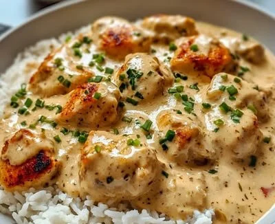 Creamy Smothered Chicken served over rice in a bowl