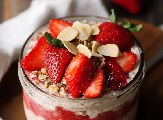 Creamy strawberry cheesecake overnight oats in a glass with fresh strawberries