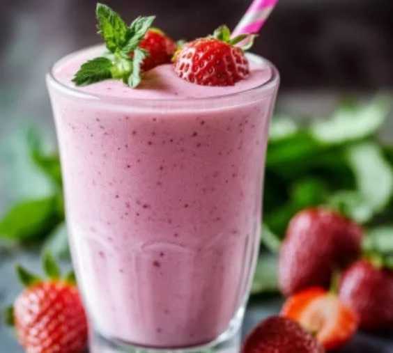 Creamy strawberry smoothie in a glass with fresh strawberries on top