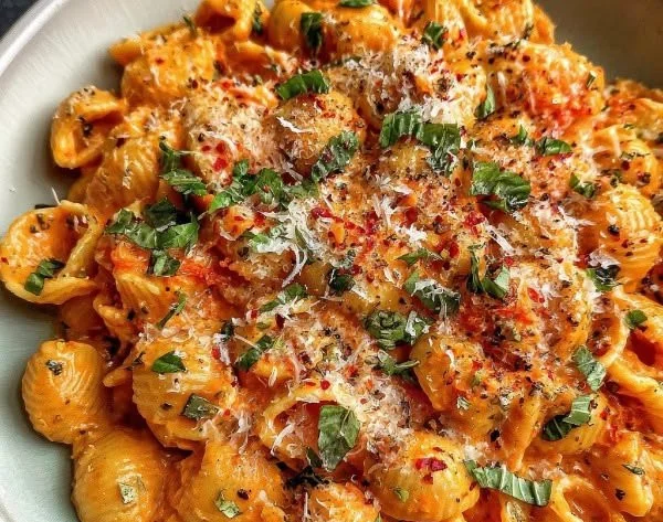 Creamy Tomato Pasta with Roasted Garlic served in a bowl