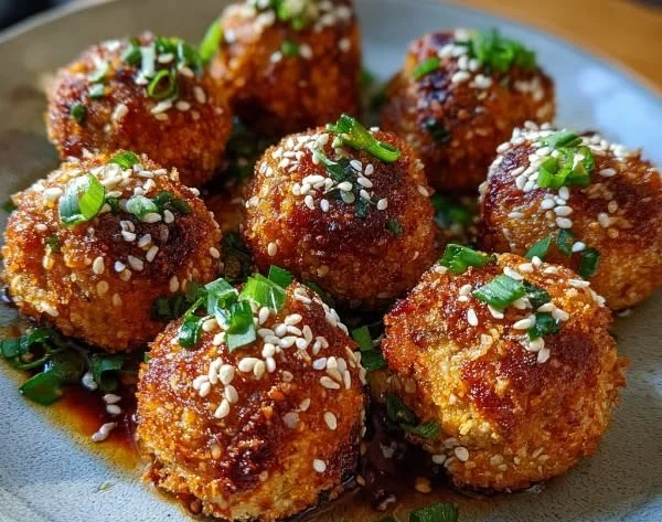 Crispy air-fried tofu balls served on a plate with dipping sauce.