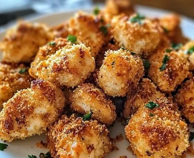 Crispy baked chicken bites served with dipping sauce on a plate