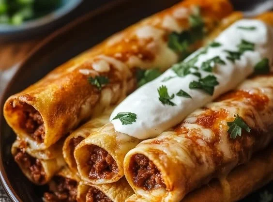 Plate of crispy beef taquitos with cheese, garnished and ready to serve.