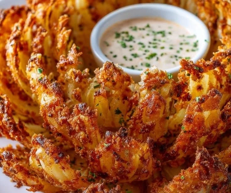 Crispy blooming onion made in the air fryer with golden-brown breading