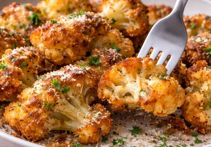 Baked crispy cauliflower bites served with garlic sauce on a plate