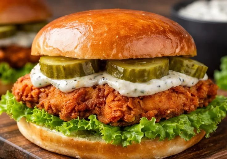 Crispy Chicken Sandwich with Pickled Slaw on a plate