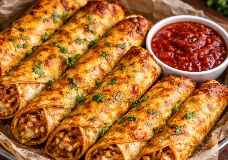 Golden crispy chicken taquitos garnished with fresh ingredients