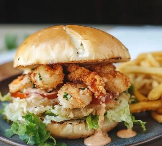 Crispy fried shrimp burger stacked with fresh ingredients