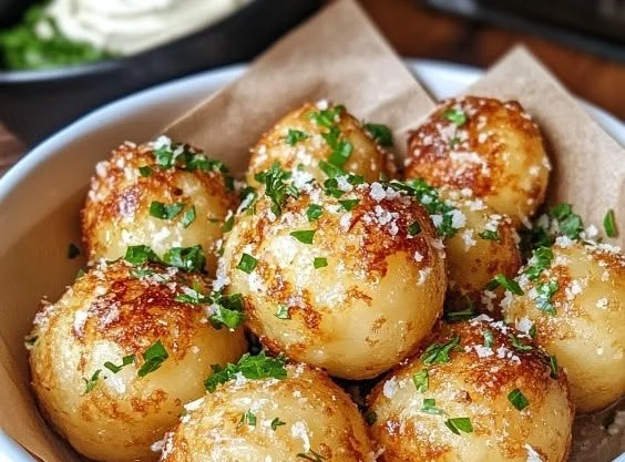 Crispy garlic parmesan potato balls served on a plate, garnished with parsley.