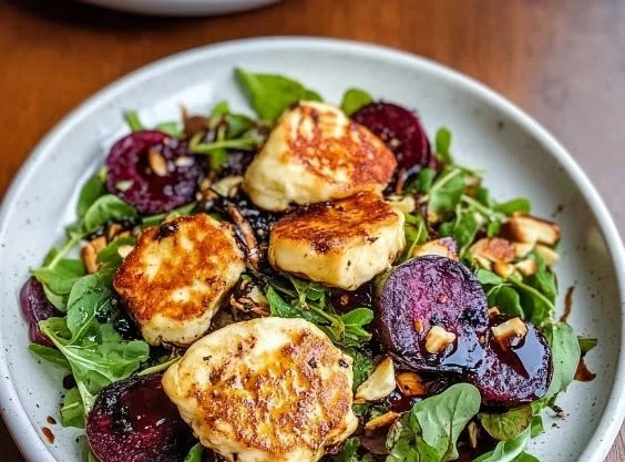 Crispy Halloumi and Roasted Beetroot Salad served in a bowl