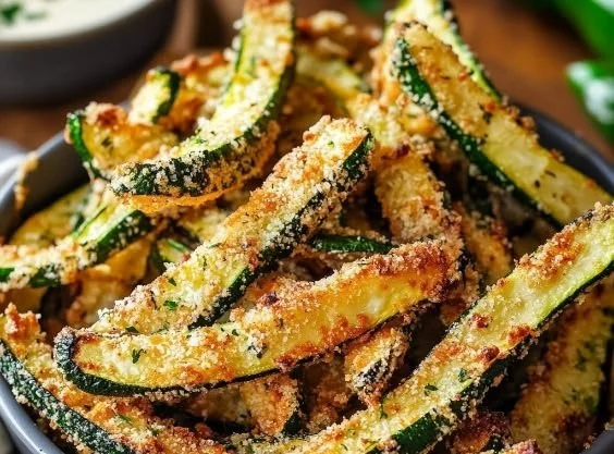 Crispy keto zucchini fries served with dipping sauce on a plate
