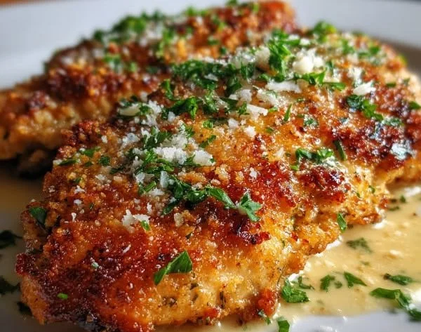 Crispy Parmesan chicken served with a rich garlic sauce.