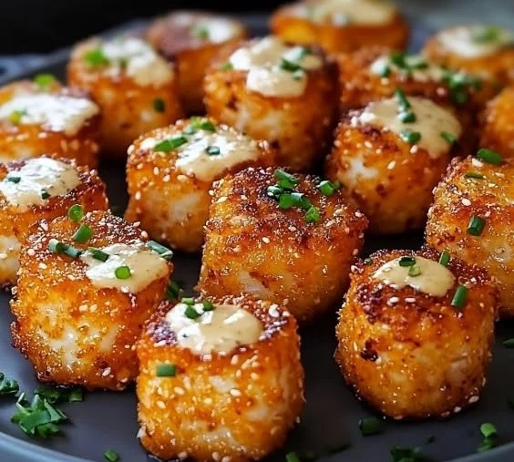 Crispy salmon bites served with Bang Bang sauce on a plate