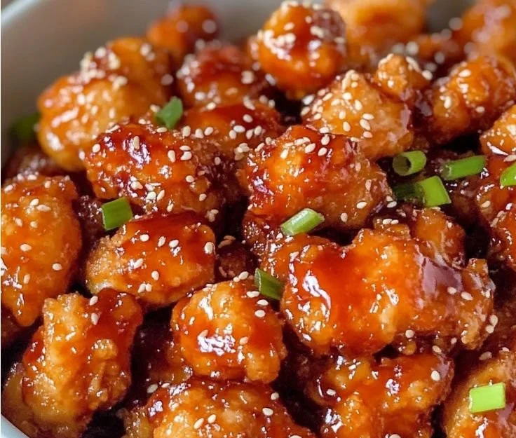 Crispy sesame chicken served on a plate with sesame seeds and garnish
