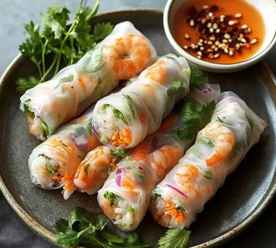 Crispy shrimp rice paper rolls served with dipping sauce on a plate