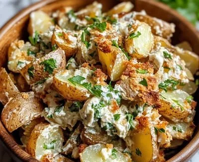 Crispy smashed potato salad served in a bowl with fresh herbs