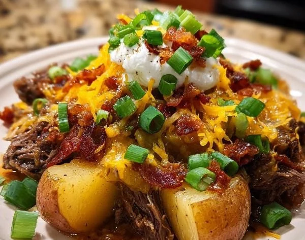 Crockpot Loaded Steak and Potato Bake dish served with garnishes