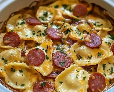 Delicious Crockpot pierogi casserole topped with kielbasa and melted cheese