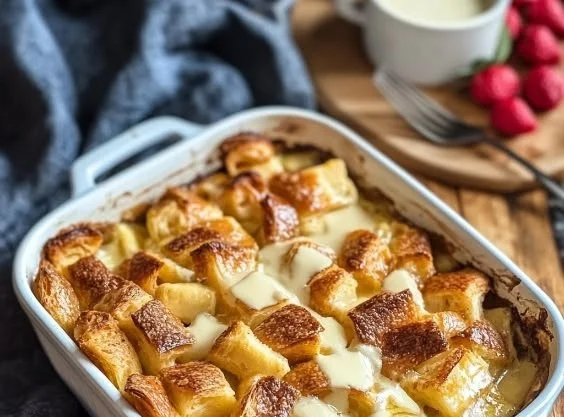 Delicious croissant bread pudding served in a bowl with fruit garnish
