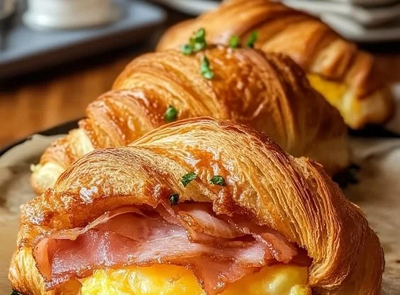 Delicious croissant sandwich filled with eggs and cheese for breakfast
