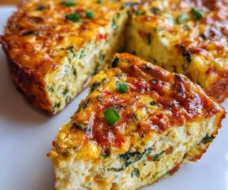 Delicious crustless quiche made with cottage cheese, spinach, and peppers.