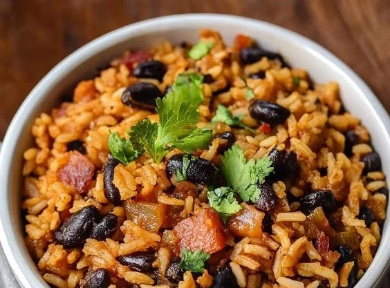 A flavorful dish of Cuban black beans and rice served in a bowl.
