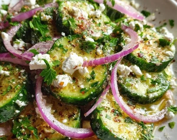 Cucumber Feta Salad with Lemon Greek Vinaigrette in a bowl