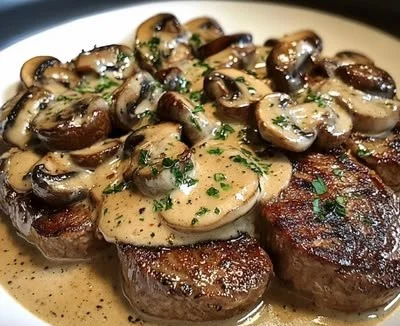 Decadent creamy mushroom sauce served on steak, elevating the dish's flavor