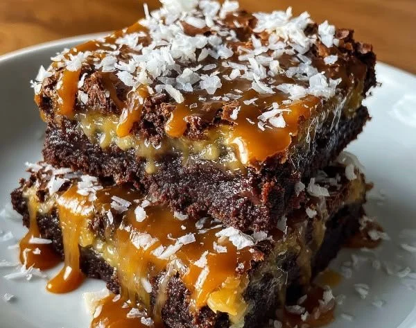 Decadent fudgy caramel Samoa brownies topped with coconut and chocolate.
