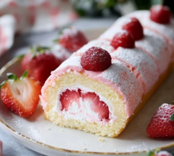 Divine Strawberry Japanese Cake Roll with fresh strawberries and whipped cream