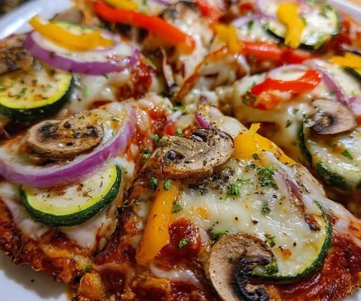 Homemade veggie pizza topped with fresh vegetables and cheese on a wooden cutting board.