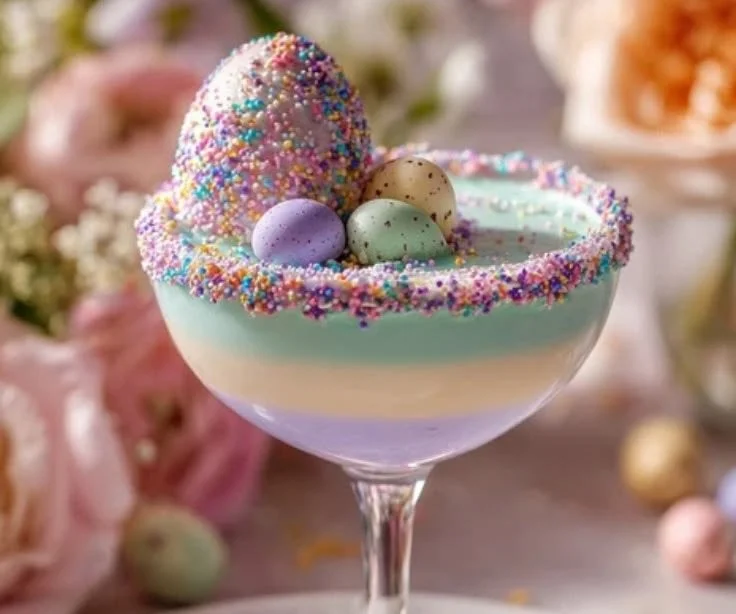 Delicious Easter Egg Martini garnished with chocolate and pastel colors