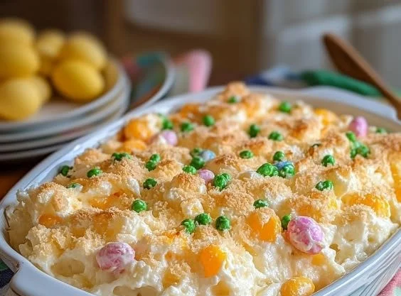Delicious Easter Fluff Salad with colorful marshmallows and fruity toppings