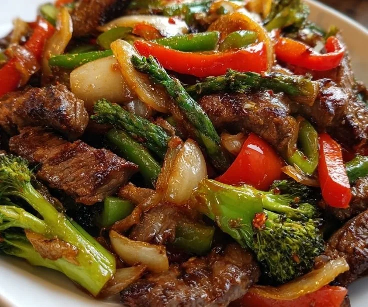 Easy Blackstone Cowboy Beef Stir-Fry with fresh vegetables and seasonings
