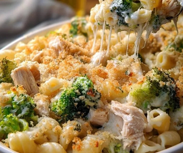 Easy Chicken Alfredo Bake with creamy sauce and chicken in a baking dish