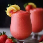 Refreshing easy frozen strawberry lemonade in a glass with ice and strawberries