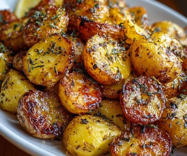Easy Greek lemon potatoes roasted with herbs and lemon for a flavorful side dish