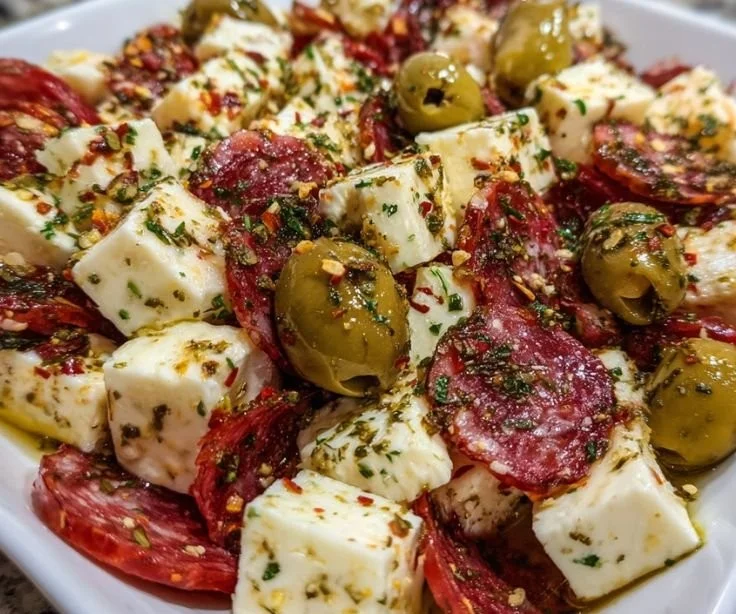 Easy marinated cheese appetizer featuring creamy and savory flavors.
