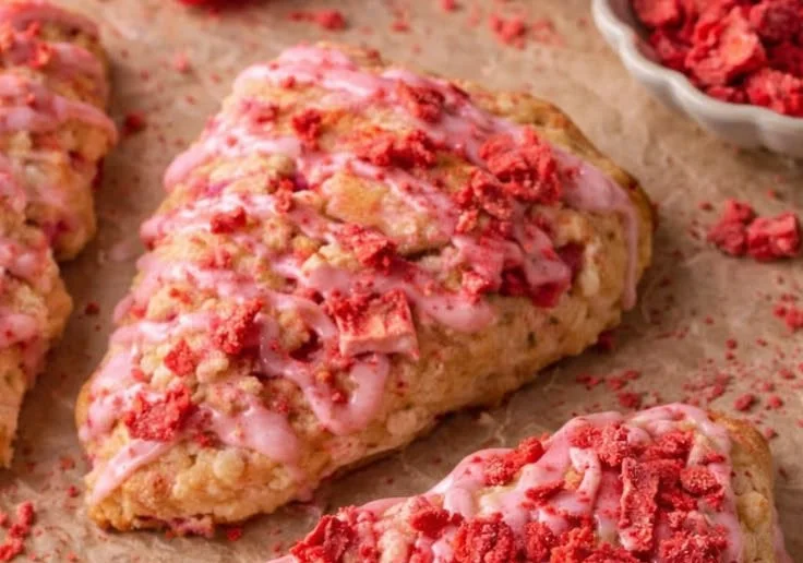 Freshly baked strawberry scones on a plate, ready to enjoy with tea.