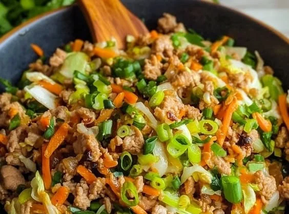 Healthy Egg Roll Bowls with Ground Turkey and colorful vegetables