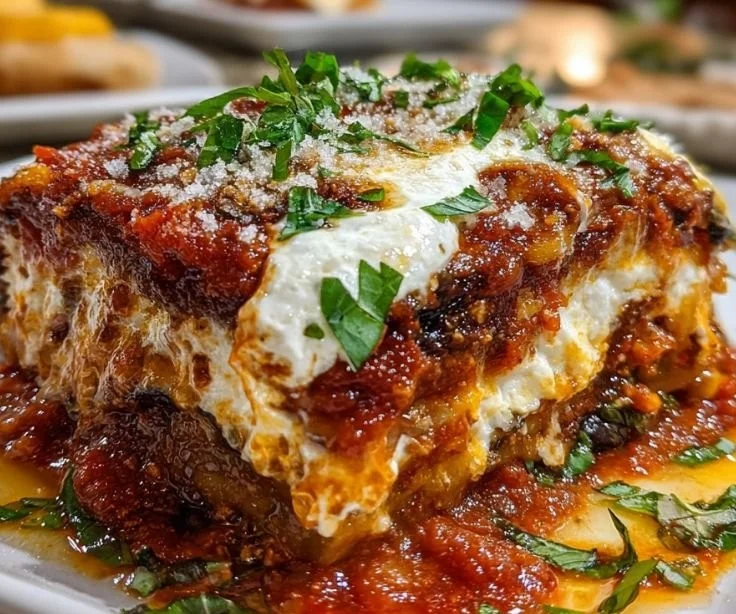 Delicious eggplant parmesan lasagna served on a plate