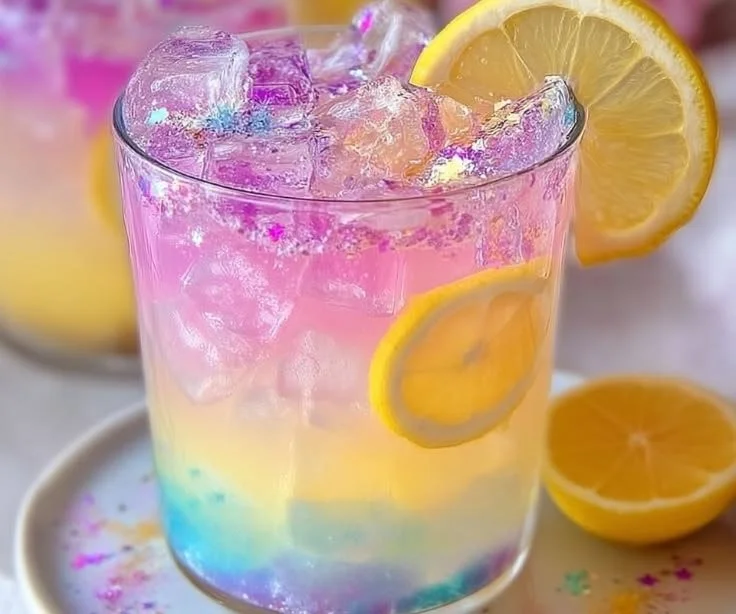 Colorful glass of enchanted unicorn lemonade with rainbow colors and sparkles
