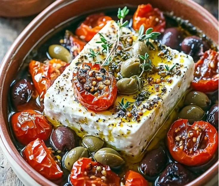 Feta bake with cherry tomatoes and olives, a delicious Mediterranean dish