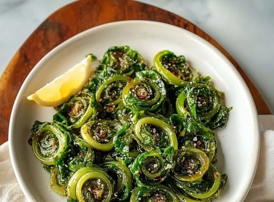 Fresh fiddlehead ferns ready for cooking, showcasing their distinctive coiled shapes.