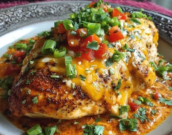 Delicious baked queso chicken served with toppings and herbs