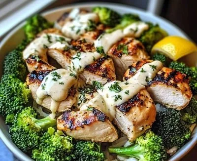 Healthy grilled chicken and broccoli bowl served in a colorful dish.
