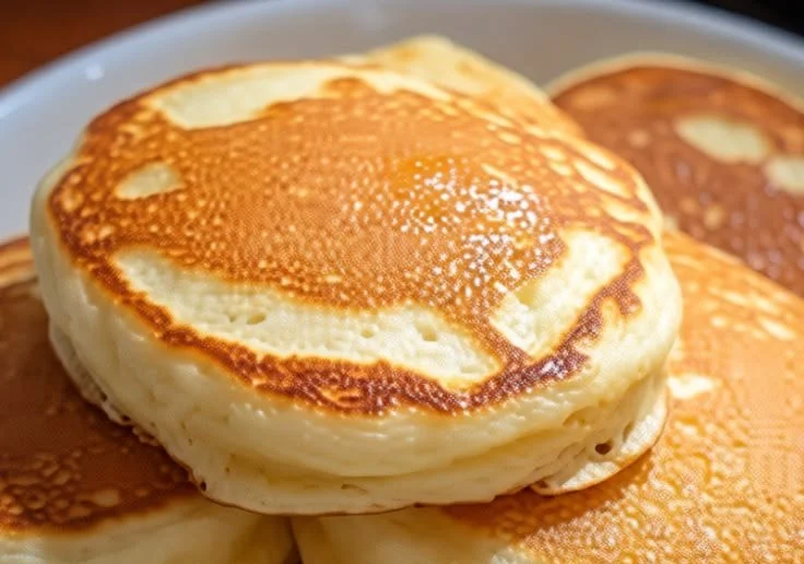 Delicious fluffy pancakes stacked high with syrup and berries
