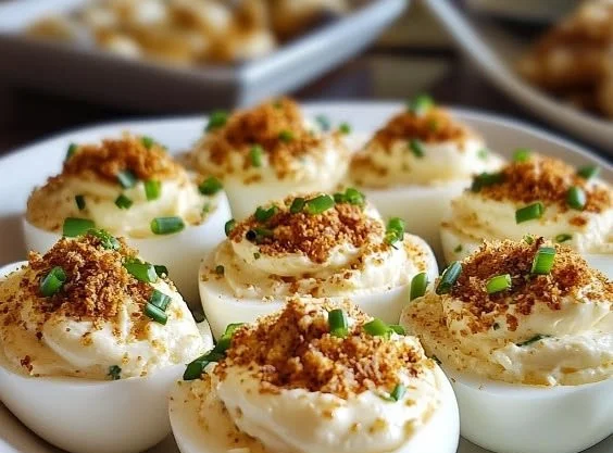 A plate of French onion deviled eggs topped with crispy onions and herbs