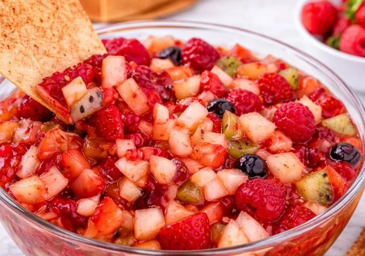 Delicious fruit salsa served with cinnamon sugar tortilla chips.