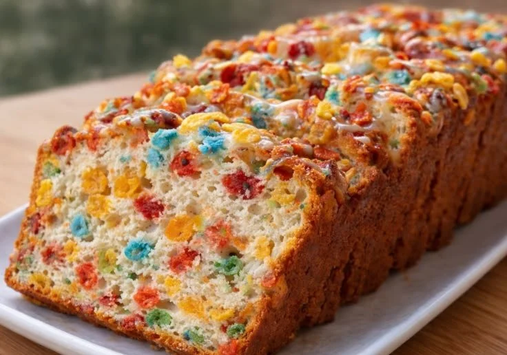 Fruity Pebbles Bread fresh out of the oven, colorful and delicious for breakfast.